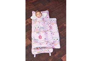 EVERYDAY KIDS Nap Mat with Removable Pillow - Carry Handle with Straps Closure, Rollup Design, Soft Microfiber for Preschool, Daycare, Travel Sleeping Bag - Sweet Owls - Ages 3-6 Years