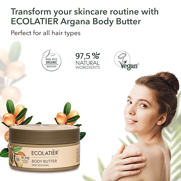 ECOLATIÈR BODY BUTTER WITH ORGANIC ARGAN OIL – DEEP REVIVING, ULTRA-HYDRATING WHIPPED MOISTURIZER FOR WOMEN & MEN, NON-GREASY, GENTLE ON DRY SKIN, 97% NATURAL INGREDIENTS, 6.7 FL OZ