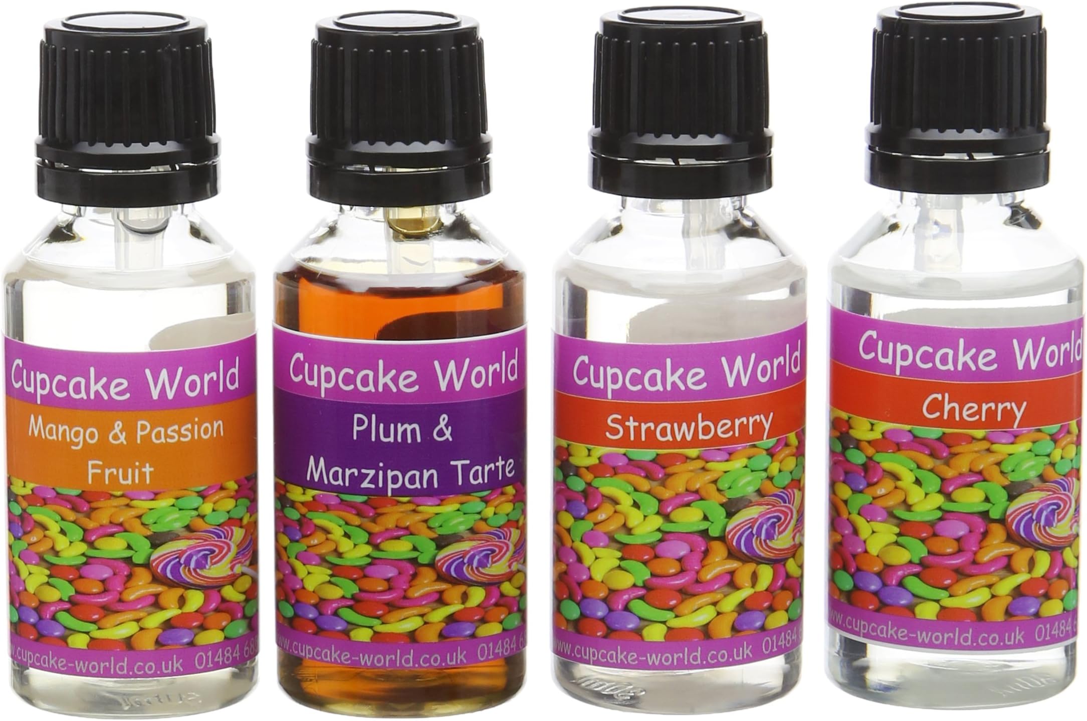 Cupcake World Food Flavouring Bottles Mango and Passion Fruit/Plum and Marzipan Tarte/Cherry/Strawberry 28.5 ml (Pack of 4)
