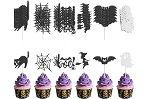 WUHUZSM 48 Pcs Halloween Cupcake Toppers with Bat, Ghost, Witch - Glitter Cupcake Picks for Cake Decorations and Party Supplies