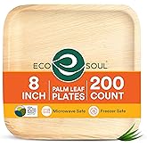 ECO SOUL 8 Inch Disposable Palm Leaf Plates [200 Pack] Premium Food-Safe Heavy Duty Compostable Bamboo Paper Plates for Lunch