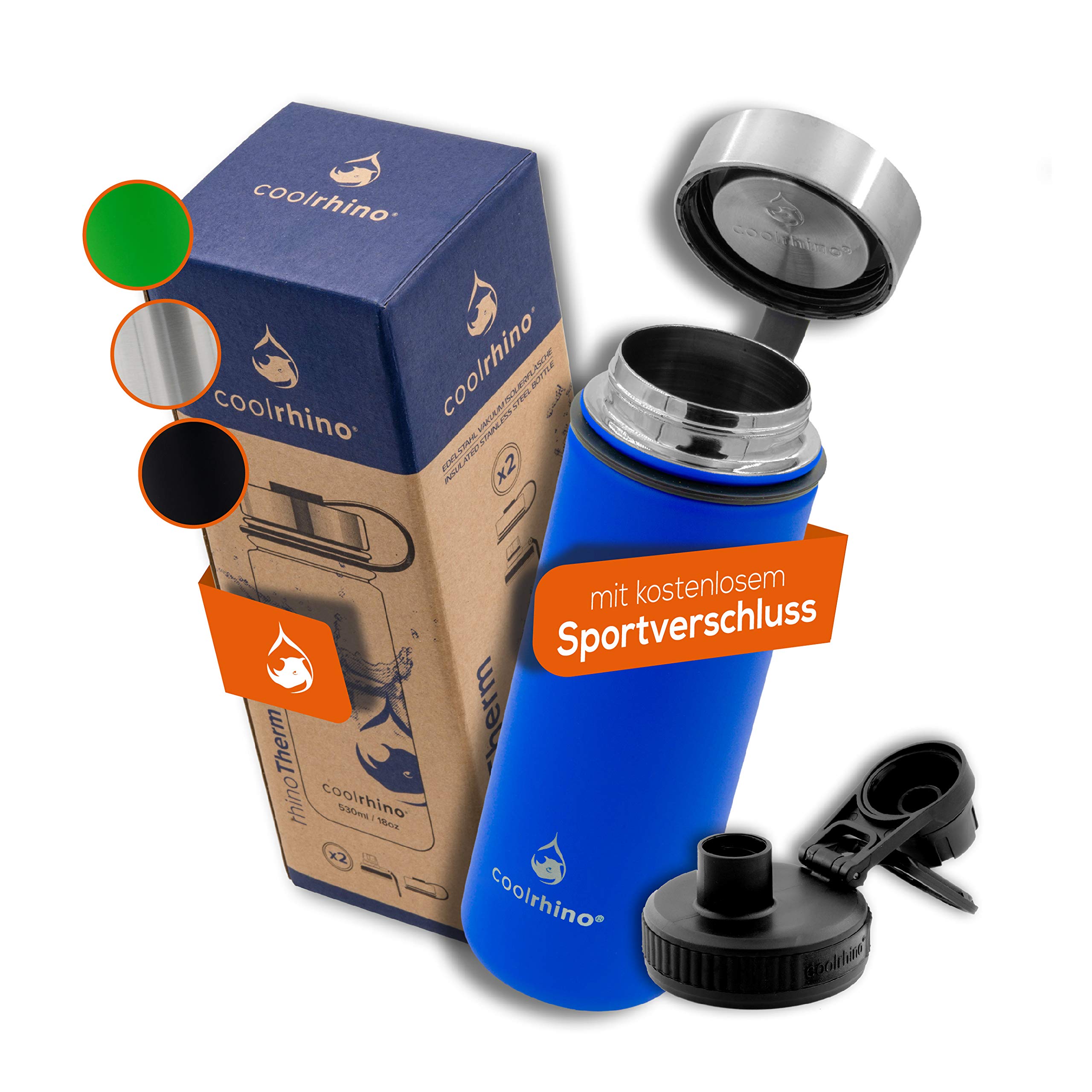 coolrhino Stainless Steel Water Bottle - 500ml, 1L - Metal Thermos Flask Insulated Vacuum Drinking Bottle - Double Walled, Leak-Proof for Cold & hot Drinks + Free Sports-Cap