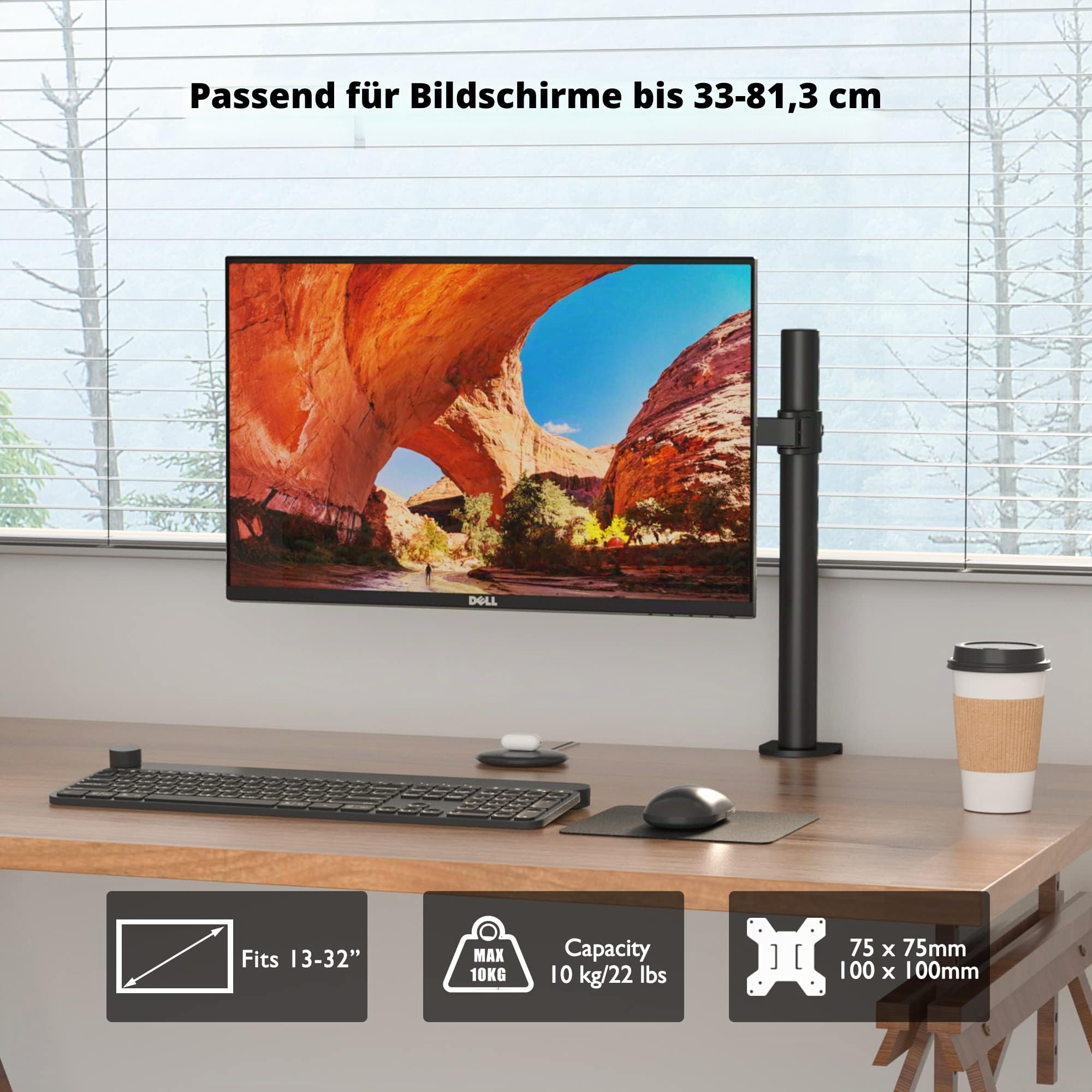 BONTEC 13-32 Zoll Monitor Halterung für LED LCD Bildschirme bis 10 kg, Monitor Tischalterung 1 Monitor Höhenverstellbar Neigbar Schwenkbar, 2 Montageoptionen, VESA 75x75/100x100, Schwarz 2