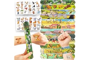 Fybnqlira 105PCS Jungle Party Favors Set, 24 Slap Bracelets & 81 Temporary Tattoos, Safari Animal Party Supplies Bundle for B