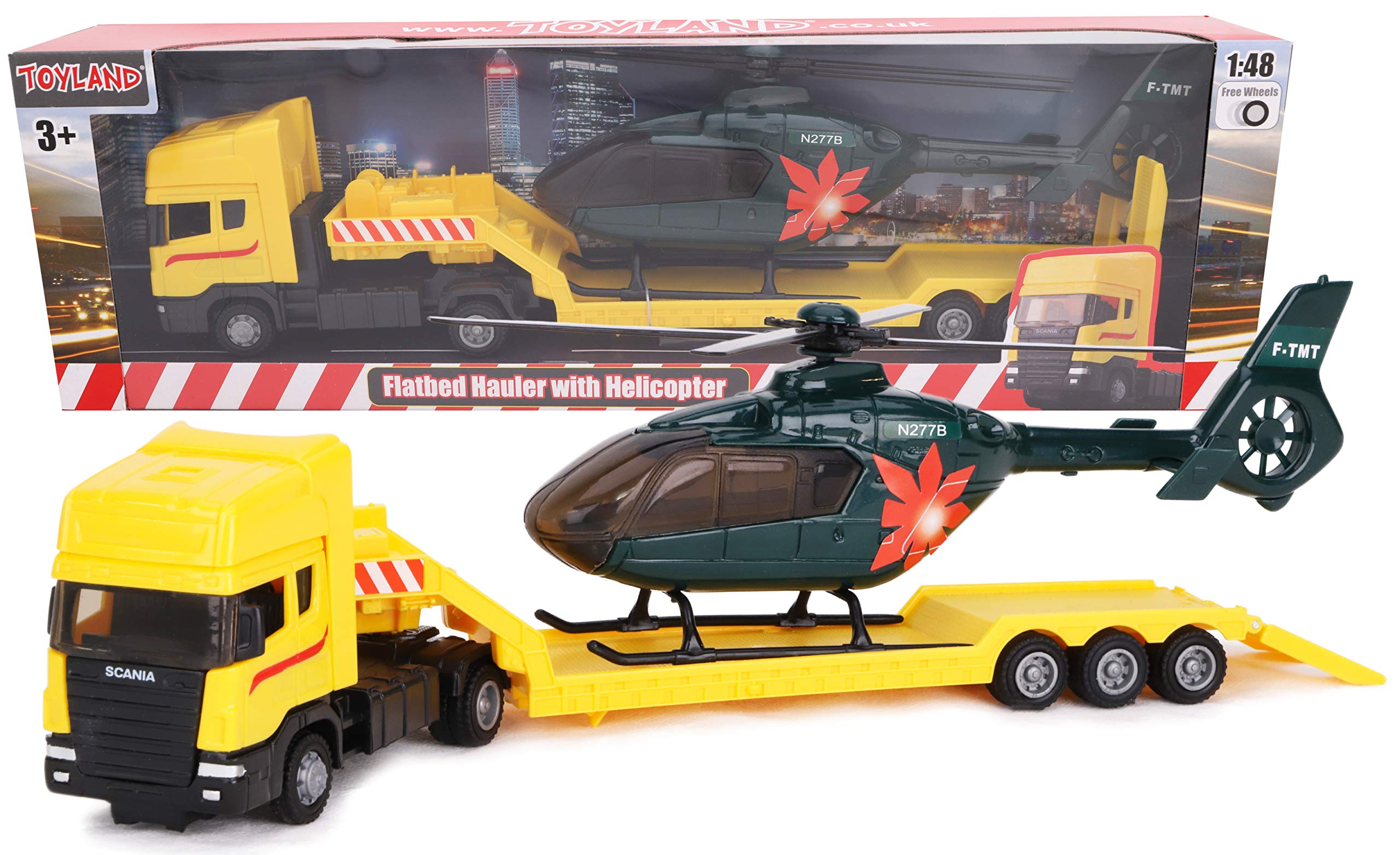 Toyland® Scania Flatbed Hauler With Helicopter - 1:48 Scale - Free Wheel - Transport Vehicle Toys - Vehicle Collectables - Boys Toys (Yellow Truck/Green Helicopter)