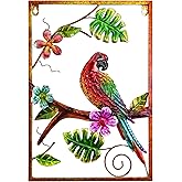 J-Fly Parrot Large Metal Wall Art Tropical Decorations Hand-painted Wall Decor for Garden Fence Bedroom Living Room Indoor Ou