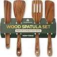 Wooden Spatula for Cooking, Teak Wood Set of 4 for Non Stick Frying Pan | Includes Paddle, Turner, Slotted Spurtle & Scraper 