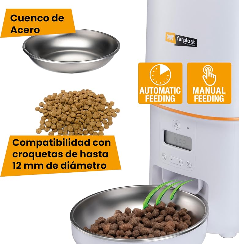 Risto Pet Dispensador Automático de Comida para Perros y Gatos, Programable, 4 L de Capacidad, Doble Potencia, 6 Comidas al Día, Pantalla Retroiluminada, Comedero de Acero Inoxidable