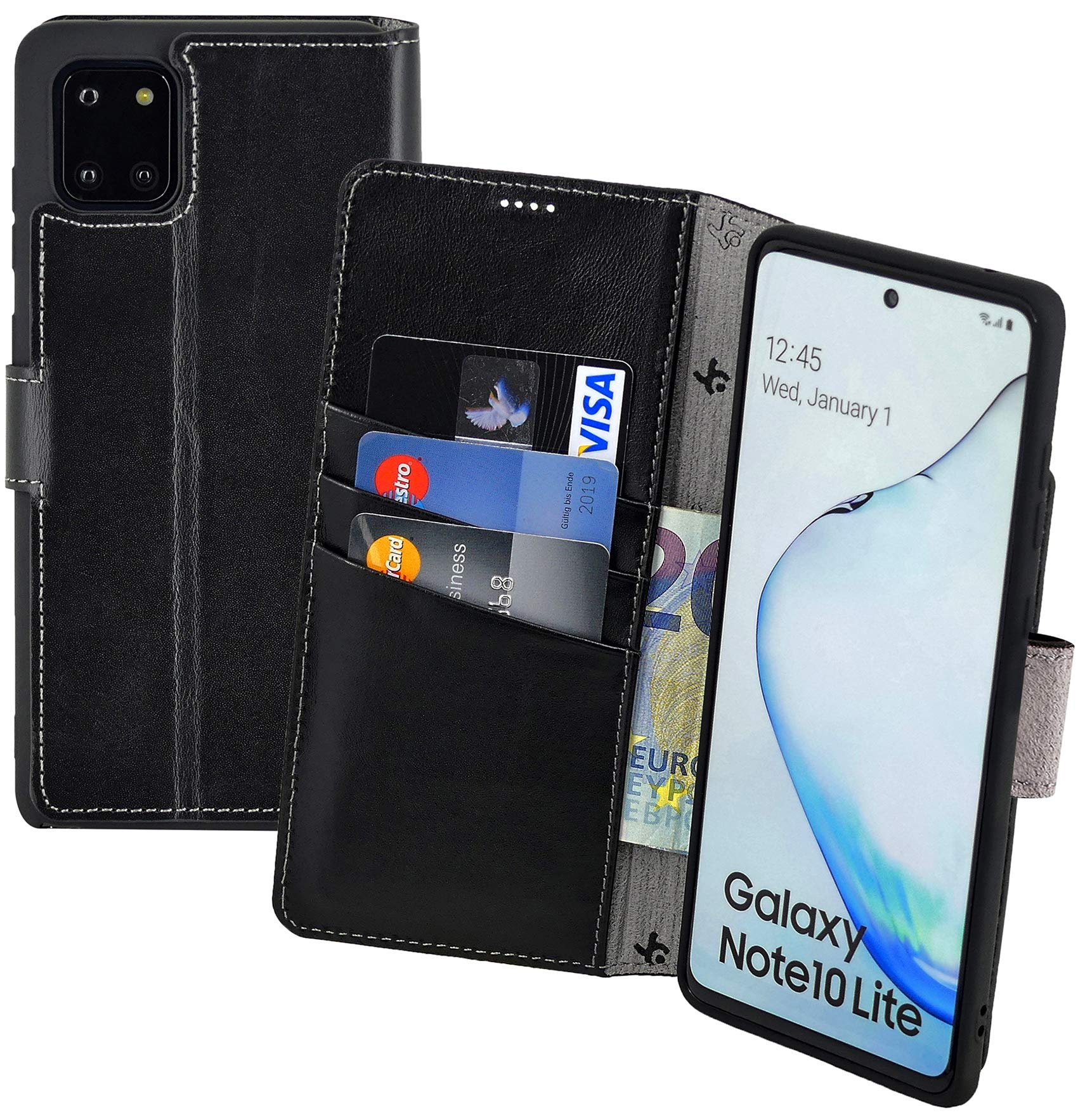 Suncase Book-Style Case Compatible with Samsung Galaxy Note 10 Lite Leather Case (Slim Fit) Leather Mobile Phone Case Protective Case with 3 Card Slots in Black