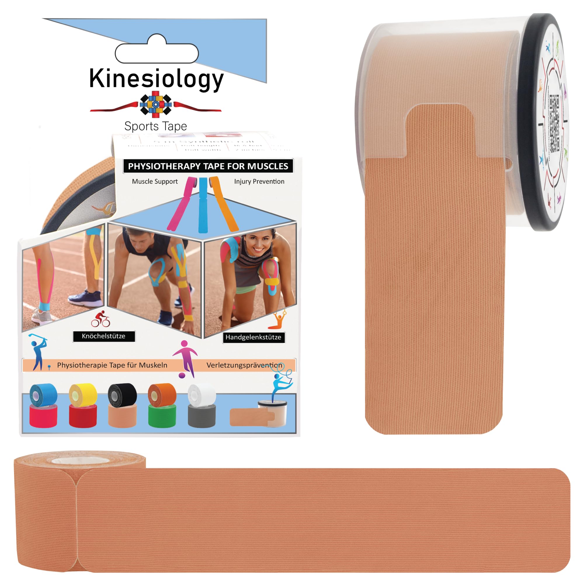 6 Pack Kinesiology Tapes Pre Cut with Dispenser - Synthetic Sports Muscle Tape - Beige - 5m Pre-Cut 20 Strips - Physio Tape for Face, Neck, Shoulder, Back, Elbow, Wrist, Thigh, Knee, Calf & Ankle