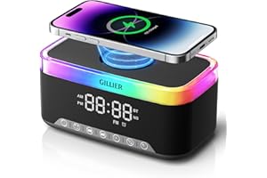 GILLIER Wireless Charging Alarm Clock Radio for Bedrooms – 15W Fast Wireless Charger for iPhone/Samsung-Stereo Bluetooth Speaker with FM Radio, Dimmable Display, USB Port, Sleep Timer, Gifts for Christmas