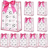 giftlyze 12 Pcs Soccer Clear Goodie Bag with Die Cut Handles and Ribbons Sport Theme Party Favor Bags for Soccer Team Snack Wrapping Teamer Gifts Birthday Party Treats Supplies, 7x10x3.15 Inch