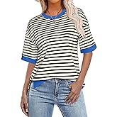Glamaker Short Sleeve Lightweight Sweatshirt for Women Crewneck Striped Shirt Pullover Tops Loose Blouses