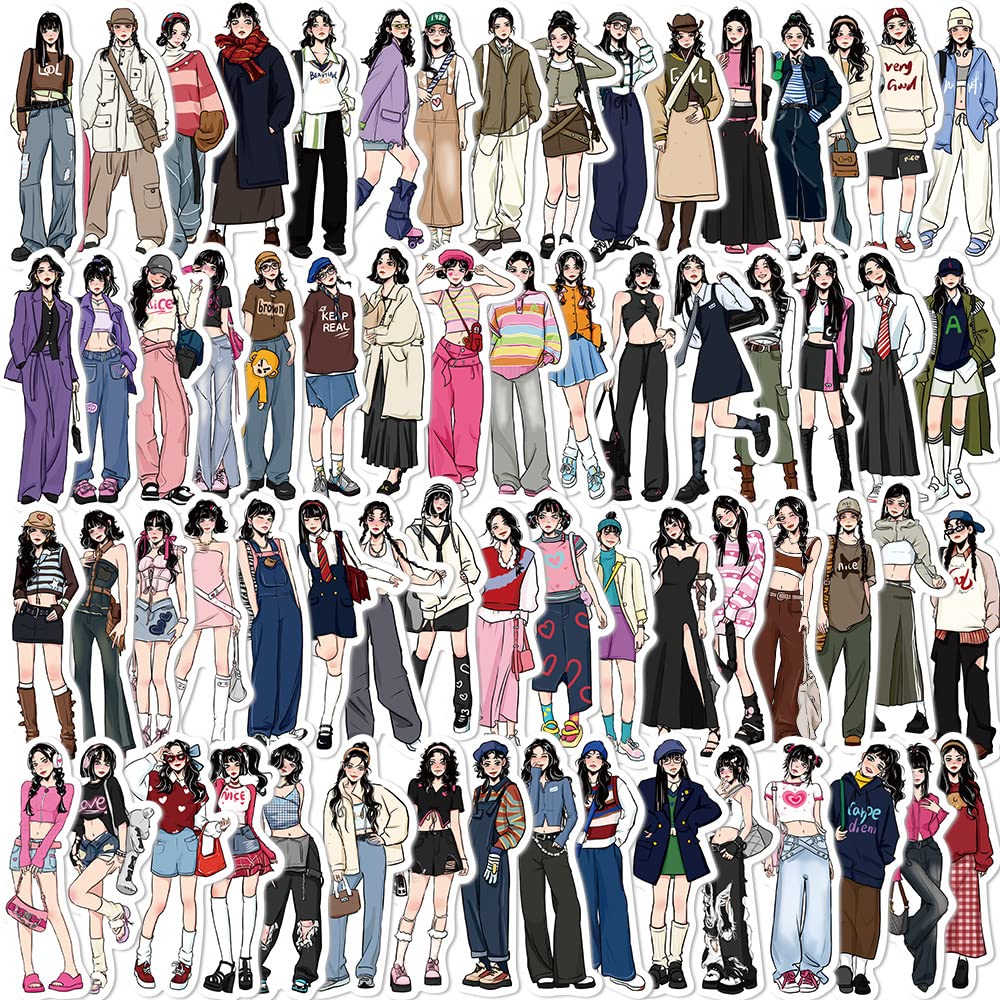 Modern Girl Outfit Stickers 62pcs,Aesthetic Decoration Water Bottles Vinyl Stickers for Scrapbook,Laptop,Kid,Teen,Girl