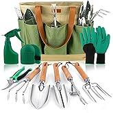 YAUNGEL Gardening Tools - 10 Pcs Garden Tool Set Heavy Duty Stainless Steel Garden Supplies Hand Tools with Wooden Handle, Storage Tote Bag, Gardening Gifts for Women and Men