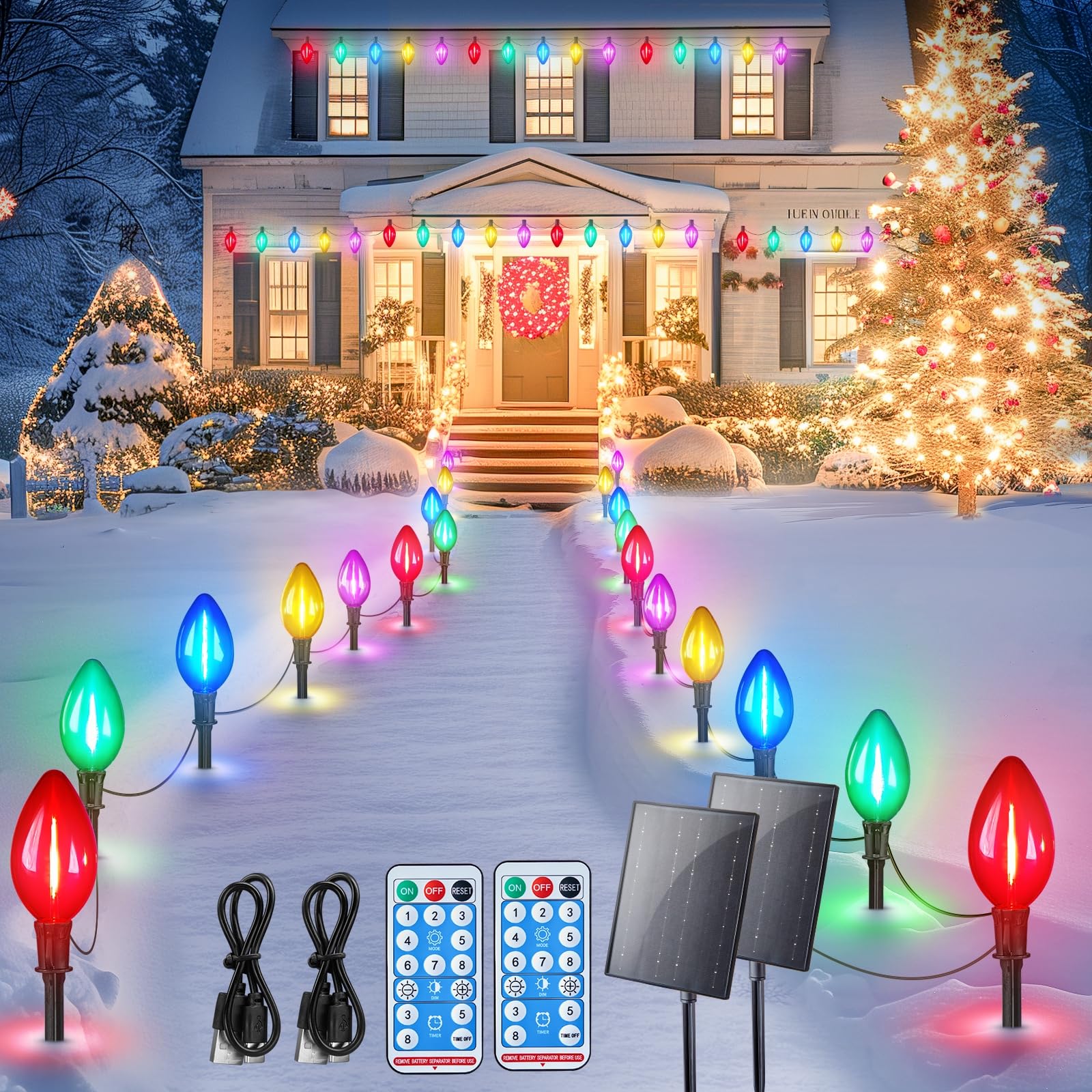 Photo 1 of Minetom 2 Pack Solar Double C9 Christmas Pathway Lights Outdoor -Total 32FT 20 LED C9 Christmas Lights Outdoor with Timer,8 Modes, Solar Christmas Outdoor Decorations for Lawn Outside Yard, Multicolor