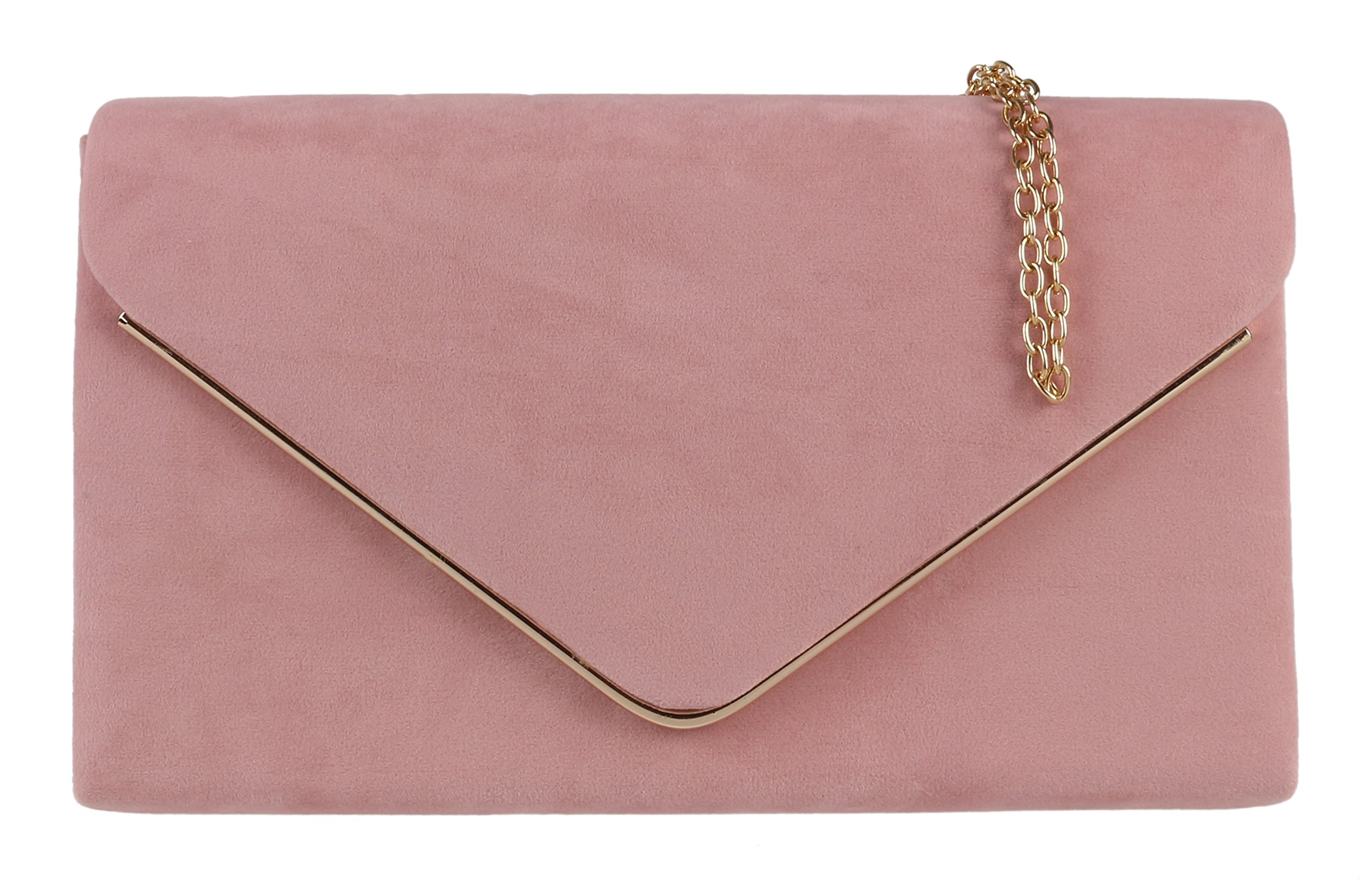 Girly Handbags Womens Faux Suede Clutch Bag Envelope Metallic Frame Handbag Rose Quartz