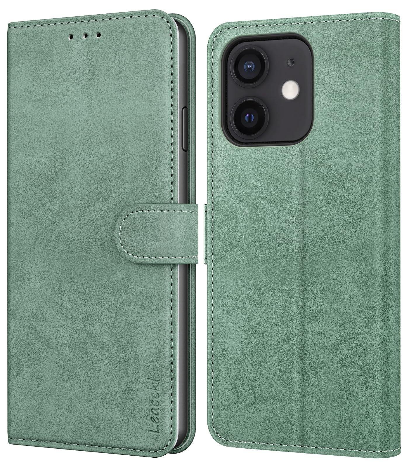Leacckl for iPhone 12/12 Pro Case, Leather Wallet Case, Flip Case with Card Holder and Magnetic Buckle, Green — image 1