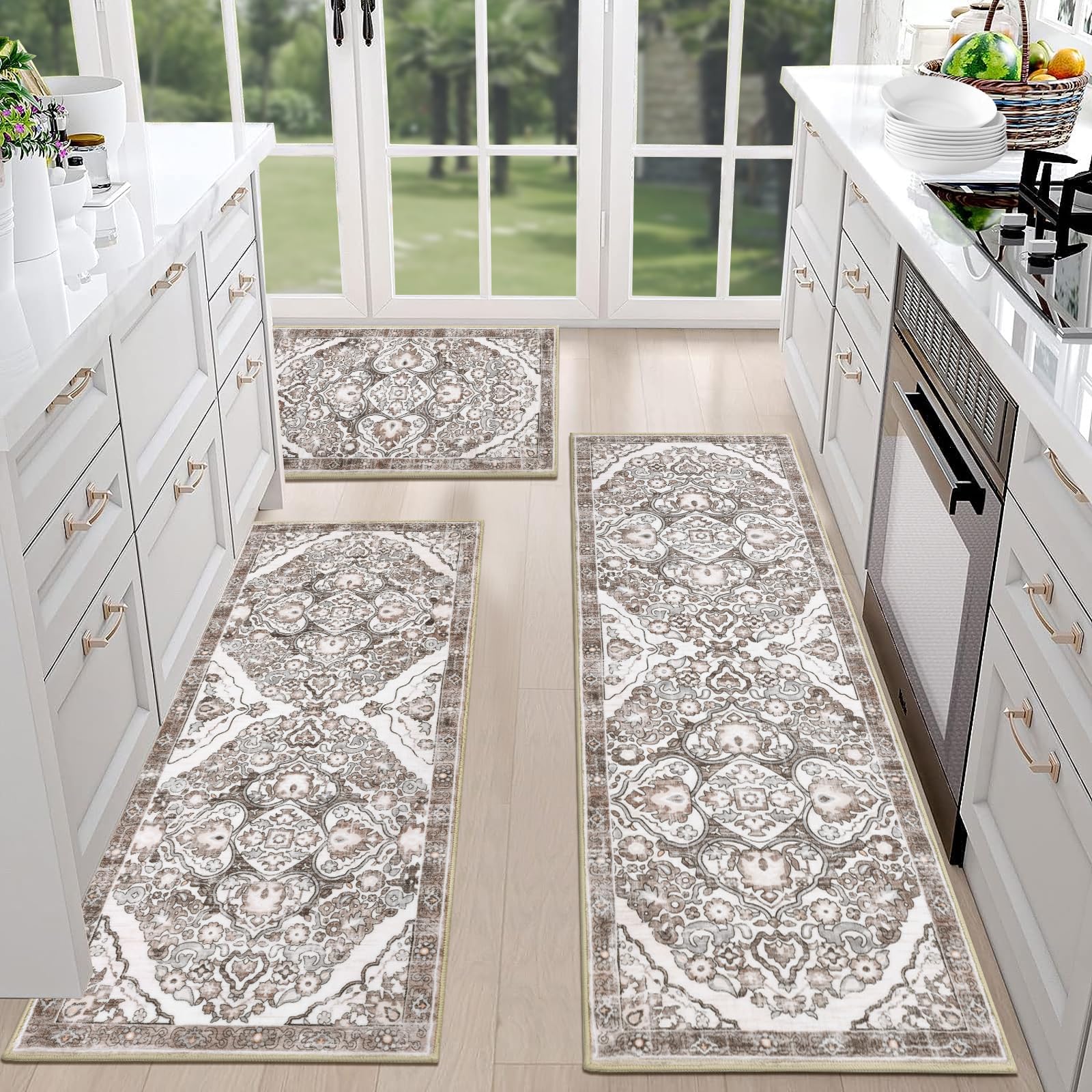 Photo 1 of HEBE Farmhouse Kitchen Rugs Sets of 3 Non Slip Washable Boho Kitchen Rugs and Mats for Floor Kitchen Runner Rug Floor Carpet for Kitchen, Laundry, Hallways
