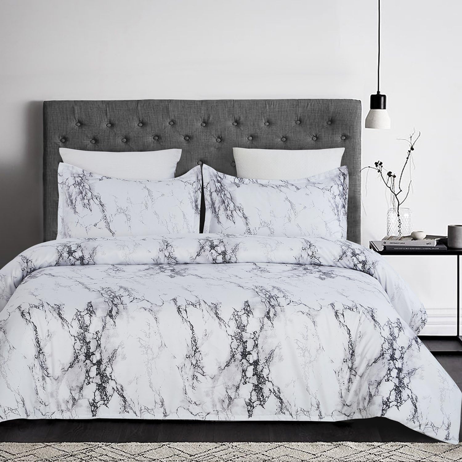 YEPINS Soft Microfiber Duvet Cover Set with Zipper Closure, Print Floral Pattern Design, White Marble, Hypoallergenic Quilt Cover Set- Super King(260X220CM)