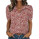 Zeagoo Women Button Down Shirts Puff Short Sleeve Blouses Chiffon Tops Business Casual Outfits Summer Clothes