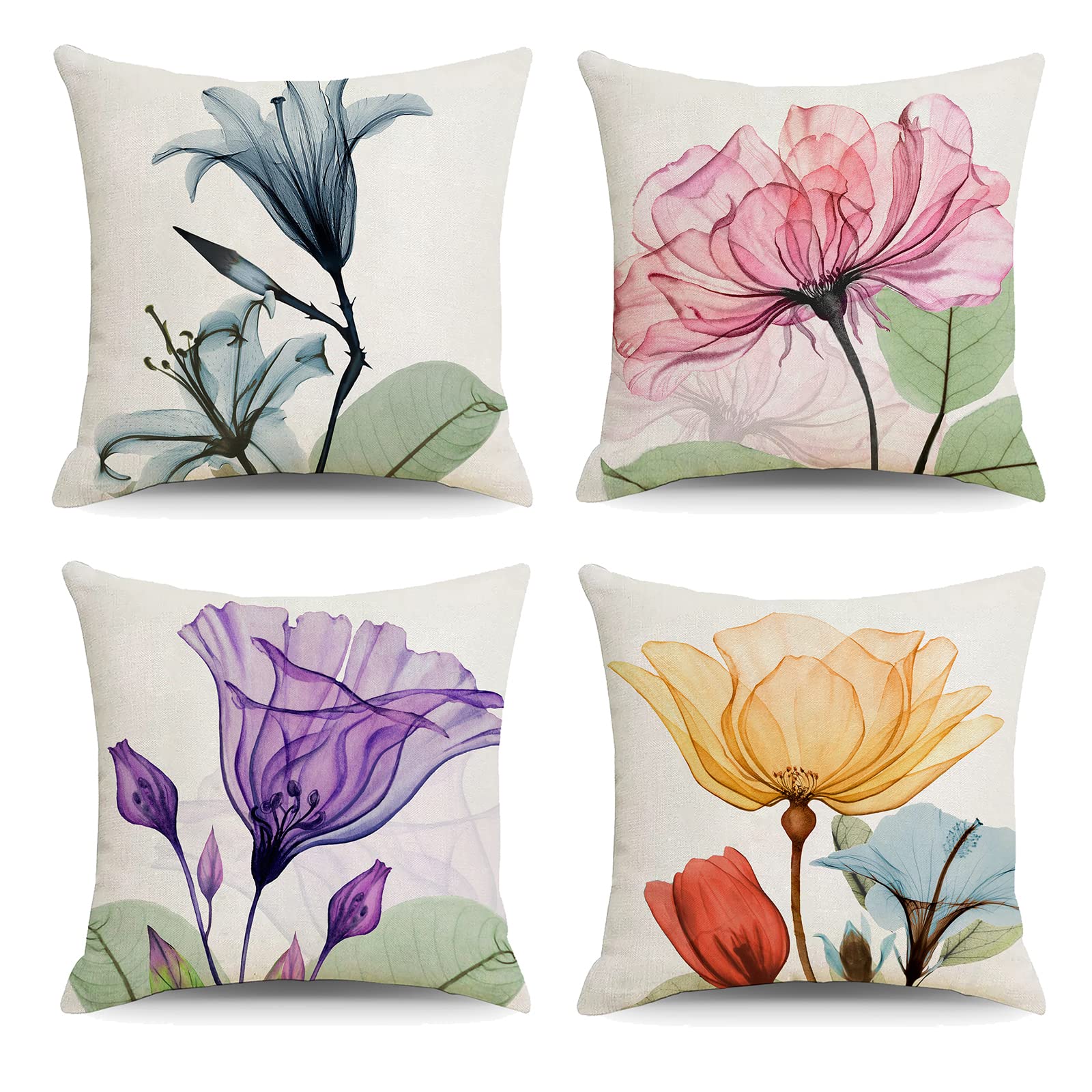 OCEUMACO Linen Cushion Covers 45 x 45 cm for Sofa Set of 4 Square Art Deco Pink Flowers Throw Pillow Cases 18x18 Inches Outdoor Boho Floral Cushion Cover Pack Home Decor - Multicoloured