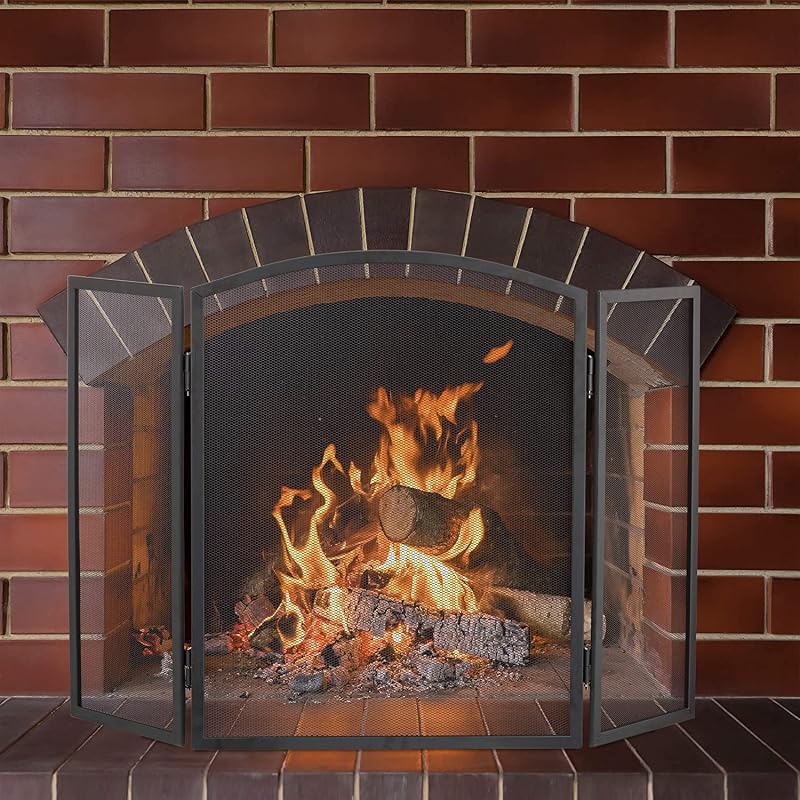 Unibos 3 Panel Folding Fire Guard Black Steel Fireplace Screen 62x96 cm