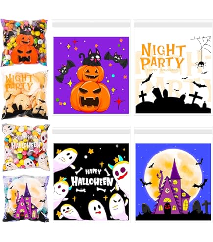 Sacs De Bonbons D'Halloween, Sacs De Cadeaux D'Halloween,Sacs De Cellophane Transparents Pour Biscuits D'Halloween - Sacs Adhésifs Pour Collations 4x4 Pouces, Sacs à Bonbons Et Biscuits Pour, Cadeaux