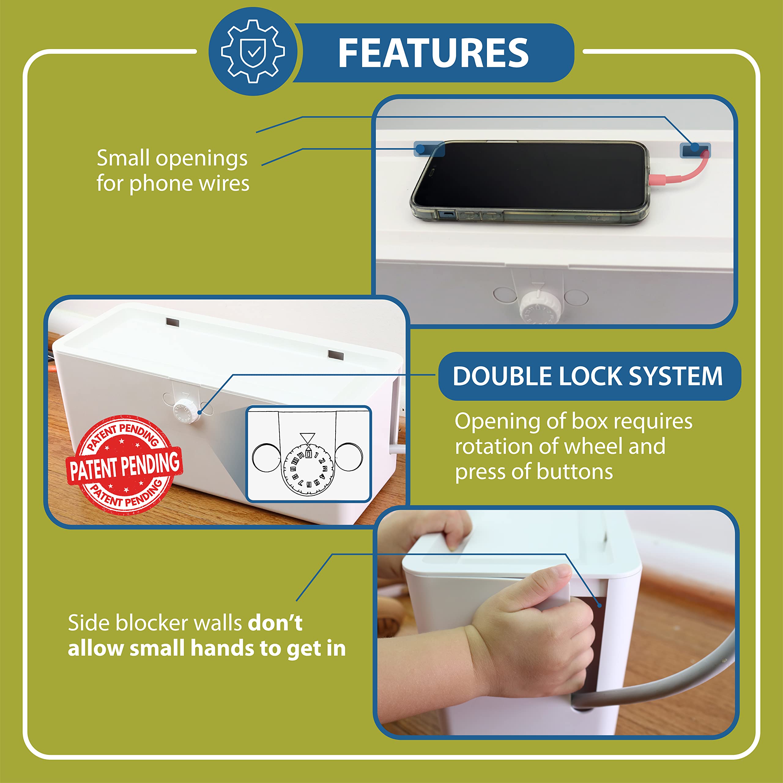 Power Strip Cover Box - Effectively Baby Proofs Power Strip with Patented Dual Lock. Convenient Side Openings for Cords & Cables. Protects Small Hands & Fingers