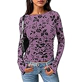 PRETTYGARDEN Women Long Sleeve Floral Mesh Tops Blouse 2026 Fall Trendy Boat Neck Ruched Spring Shirt Going Out Date Outfits