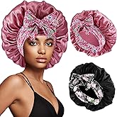 IJRPLM 2Pcs Silk Bonnet for Sleeping,Large Satin Bonnet with Tie Band,Night Sleep Cap for Women,Satin Bonnet for Curly Hair(Black + Pink)