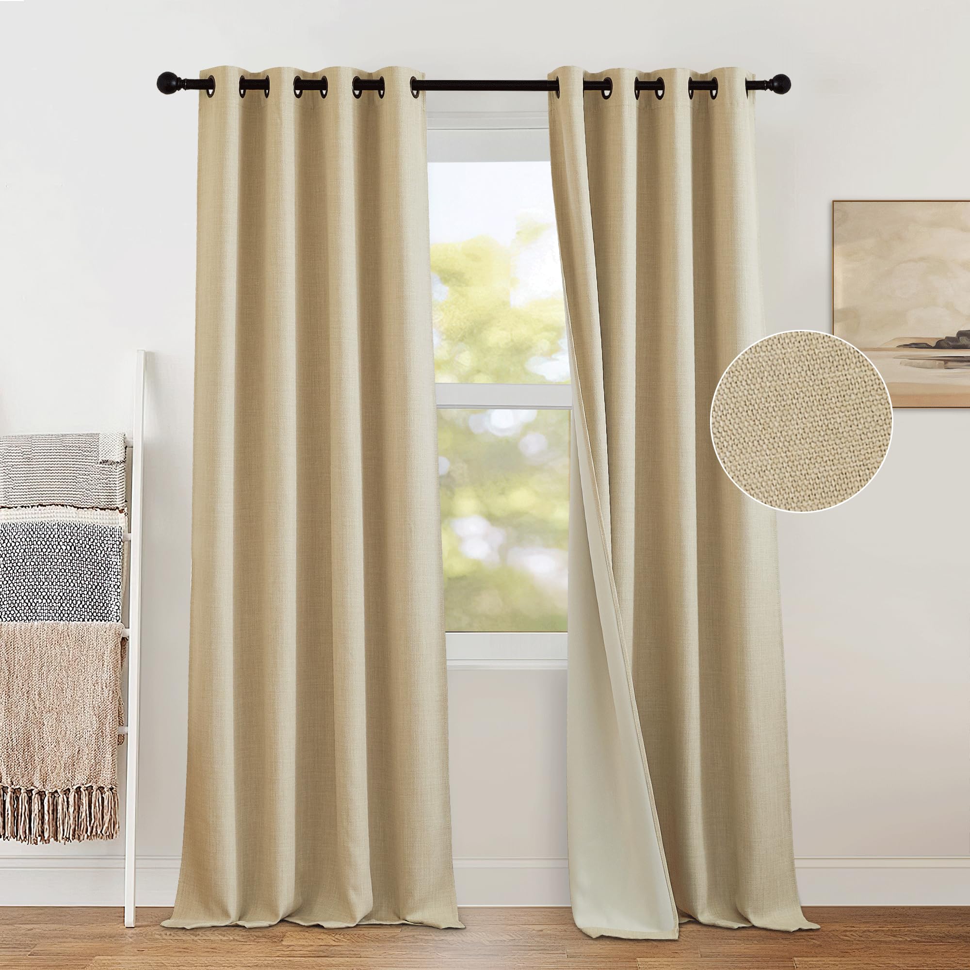 PONY DANCE 90 Inch Drop Curtains - 2 Panels Oatmeal Blackout Linen Bedroom Curtains with Vintage Eyelet Trim for Living Room, 46 Inch Width Privacy and Thermal Window Drapes for Kids