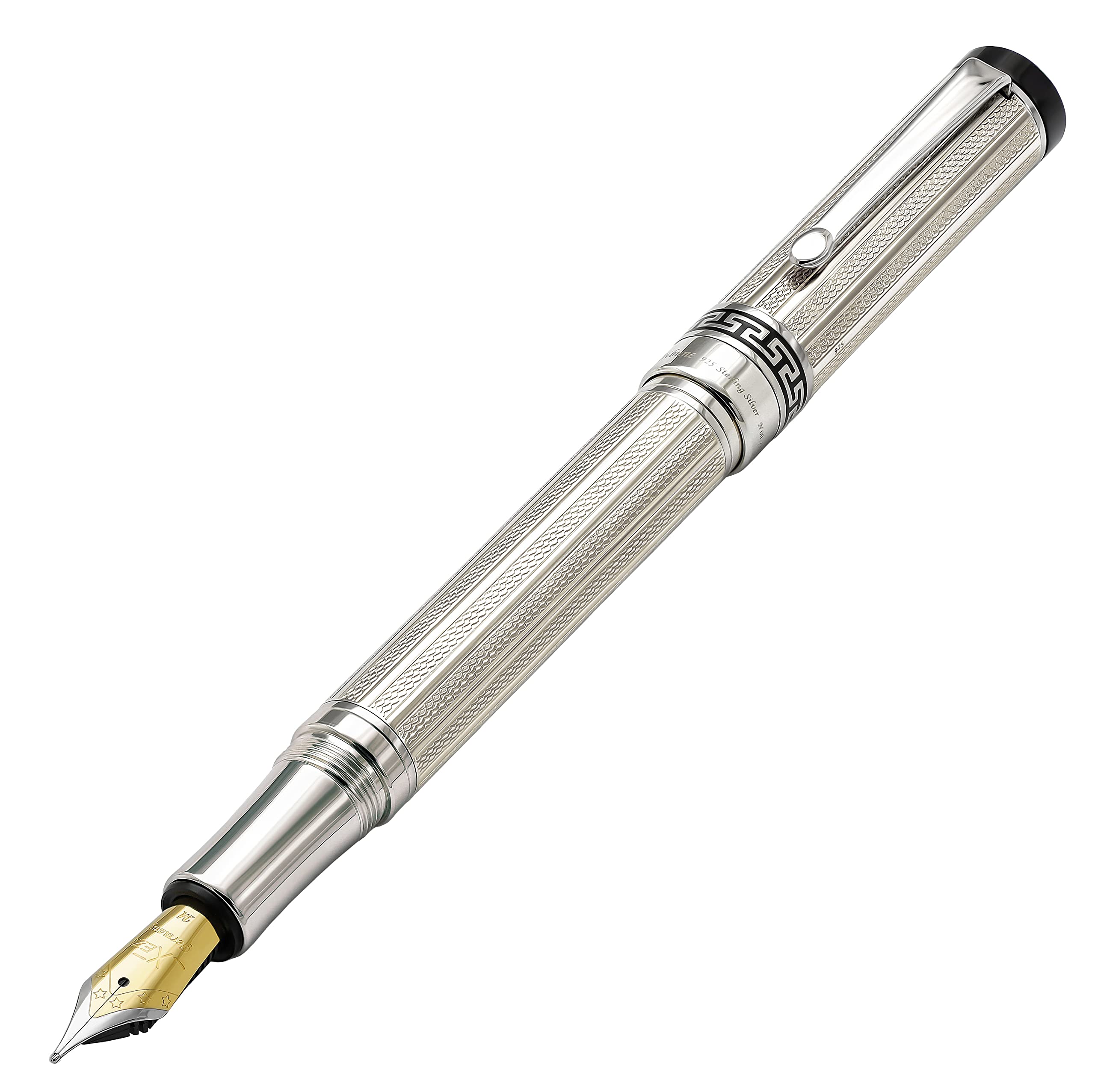 Xezo Tribune 925 Sterling Silver Medium Nib Fountain Pen. Platinum Plated. Hand Guilloche Engraved and Serialized