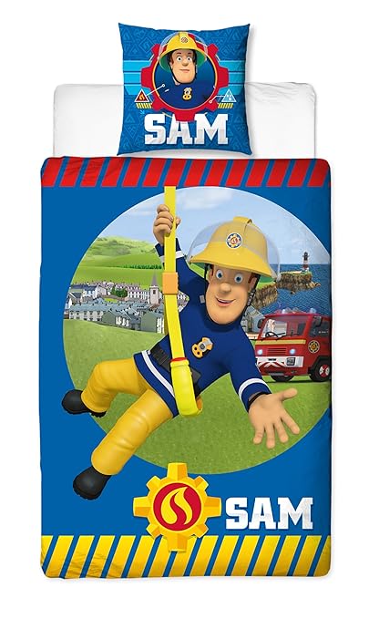 Feuerwehrmann Sam Kinder Wende-Bettwäsche 135 x 200 cm + 80 x 80 cm Alarm 100% Baumwolle Linon Fireman Tân Pontypandy Jupiter