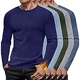 Baggyfly 5 Pack Men's Cotton Thermal Shirts Long Sleeve Ribbed Tops Crew Neck Slim Fit Sweater Casual Pullover Undershirts