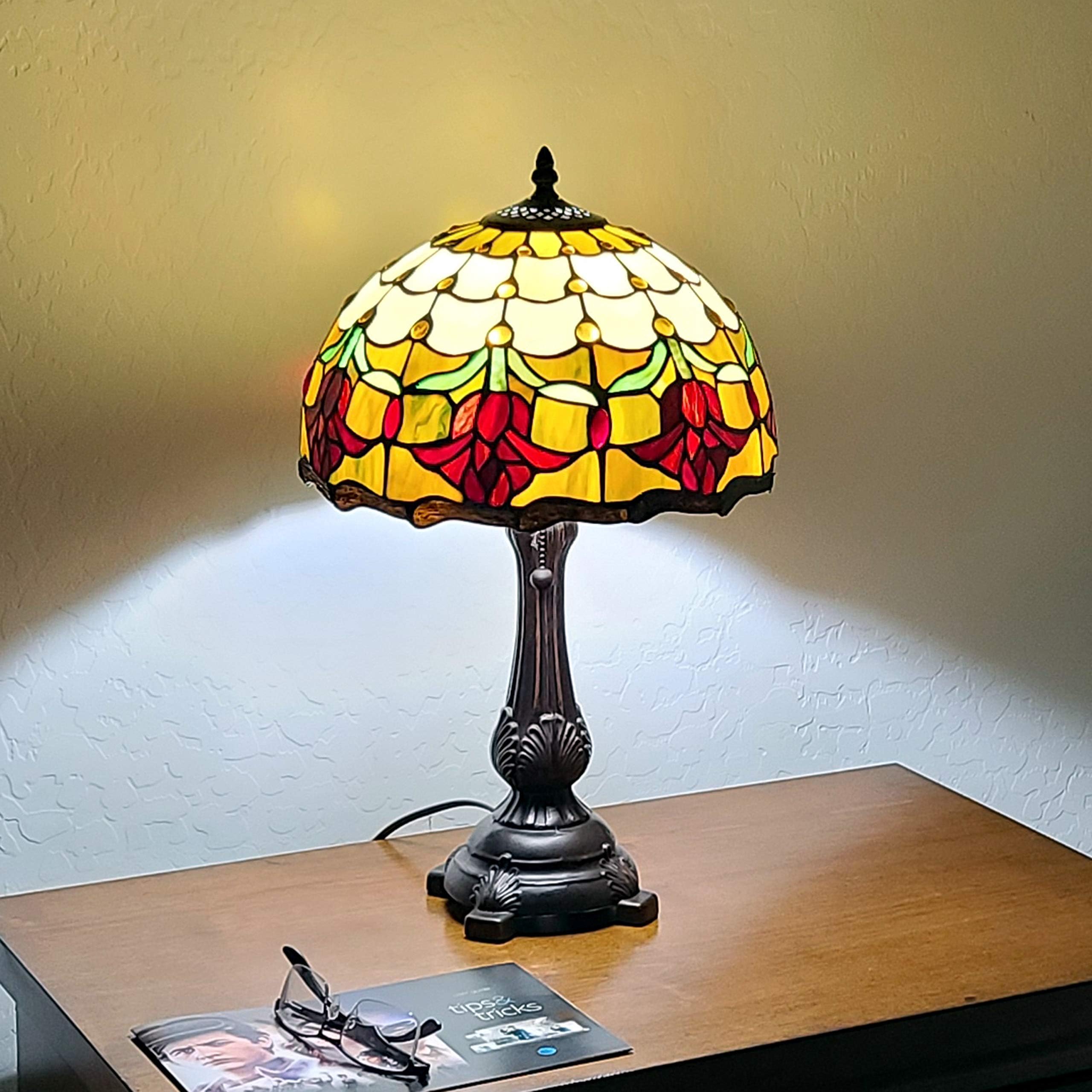 Tiffany Style Table Lamp Banker 19" Tall Stained Glass Red Yellow White Floral Tulips Antique Vintage Light Decor Nightstand Living Room Bedroom Handmade Gift AM1094TL12B Amora Lighting