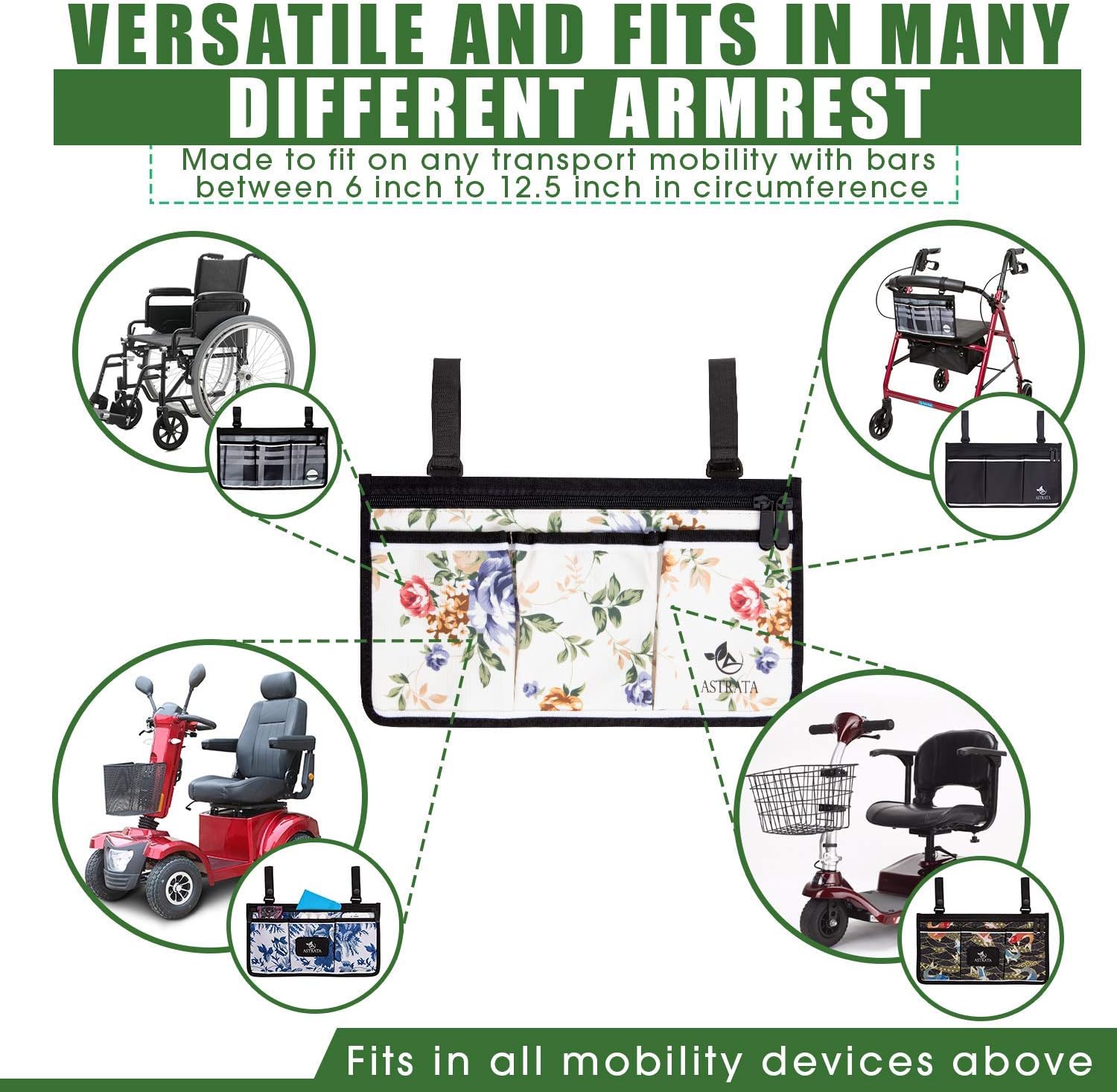 Wheelchair Side Bag - Arm Rest Pouch - Wheel Chair Accessories Organizers - Fits Walkers, Rollators, Scooters (Flower): Health & Personal Care