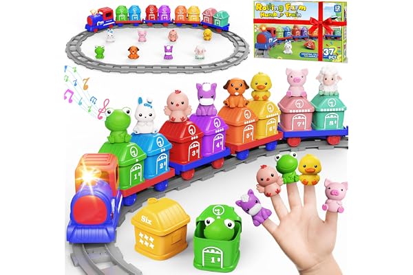 Electric Train Set for Toddlers 2-4 with Farm Animals, Music & Lights, Blue | Montessori Counting & Sorting Train Toy, 37 Pie
