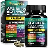 Sea Moss Black Seed Oil Capsules, Ashwagandha Ginger Capsule with Vitamin C D3, Multi Blend Nutrition Supplement for Immunity, Digestive, Energy, Skin & Hair, Black Seed Oil Sea Moss Capsules, 60P