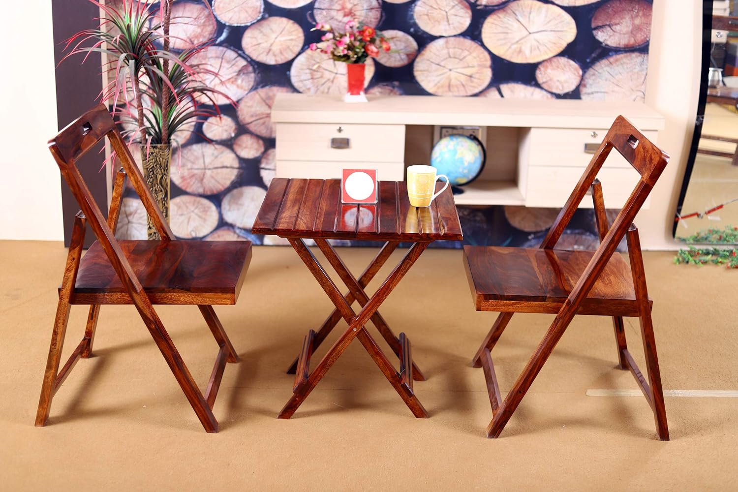 Cherry Wood Sheesham Wood Square Folding Patio Coffee Table Set With 2 Chair For Living Room Teak Finish Amazon In Electronics