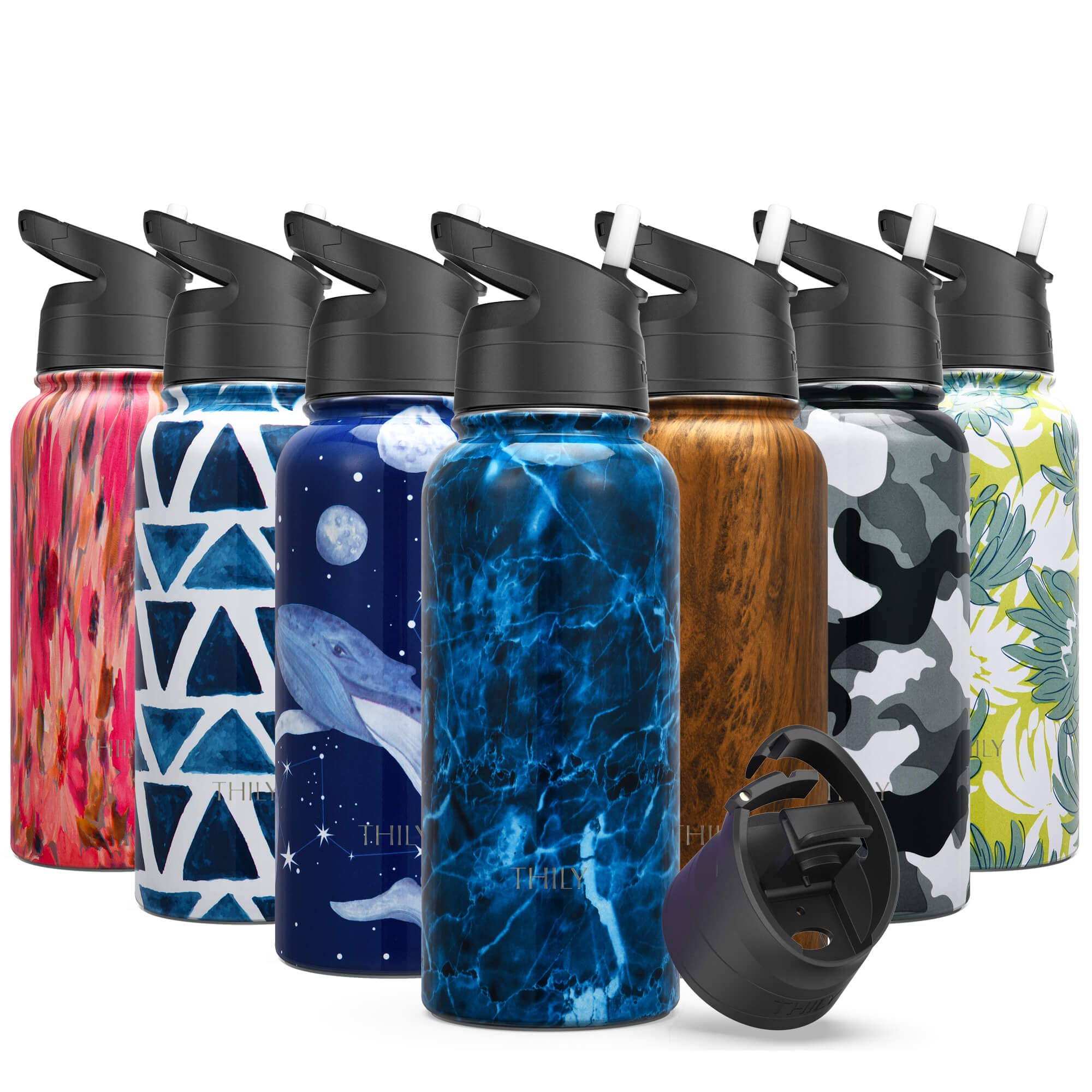 Vacuum Insulated Sports Water Bottle - THILY 945 ml Stainless Steel Leakproof Wide Mouth Metal Thermos with Flip Lid and Straw Lid, Reusable, BPA Free, Keep Hot 12 Hours Cold 36 Hours, Abysmal Sea