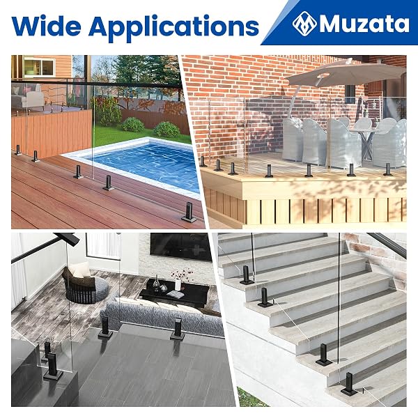 MUZATA 4PACK BLACK GLASS RAILING SPIGOT CLAMP RECTANGLE STAINLESS STEEL POLISH BRACKET FOR GLASS THICKNESS 5/16”-7/16”(8MM-12MM) HEAVY DUTY POOL DECK FENCE RAILING POST GARDEN BALCONY GS10 SO4