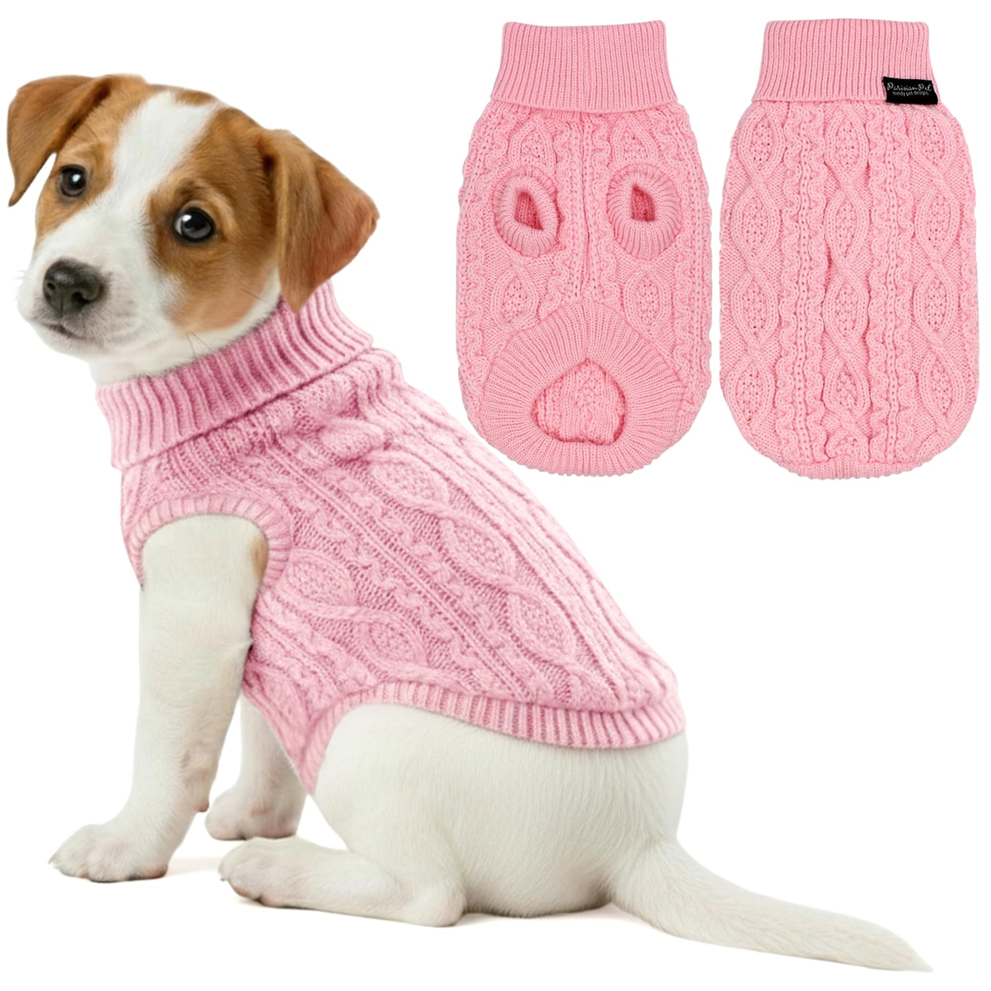Parisian Pet - Turtleneck Sweater for Dogs - Pink Cable Knit Pullover – Warm Puppy Clothes - Size S