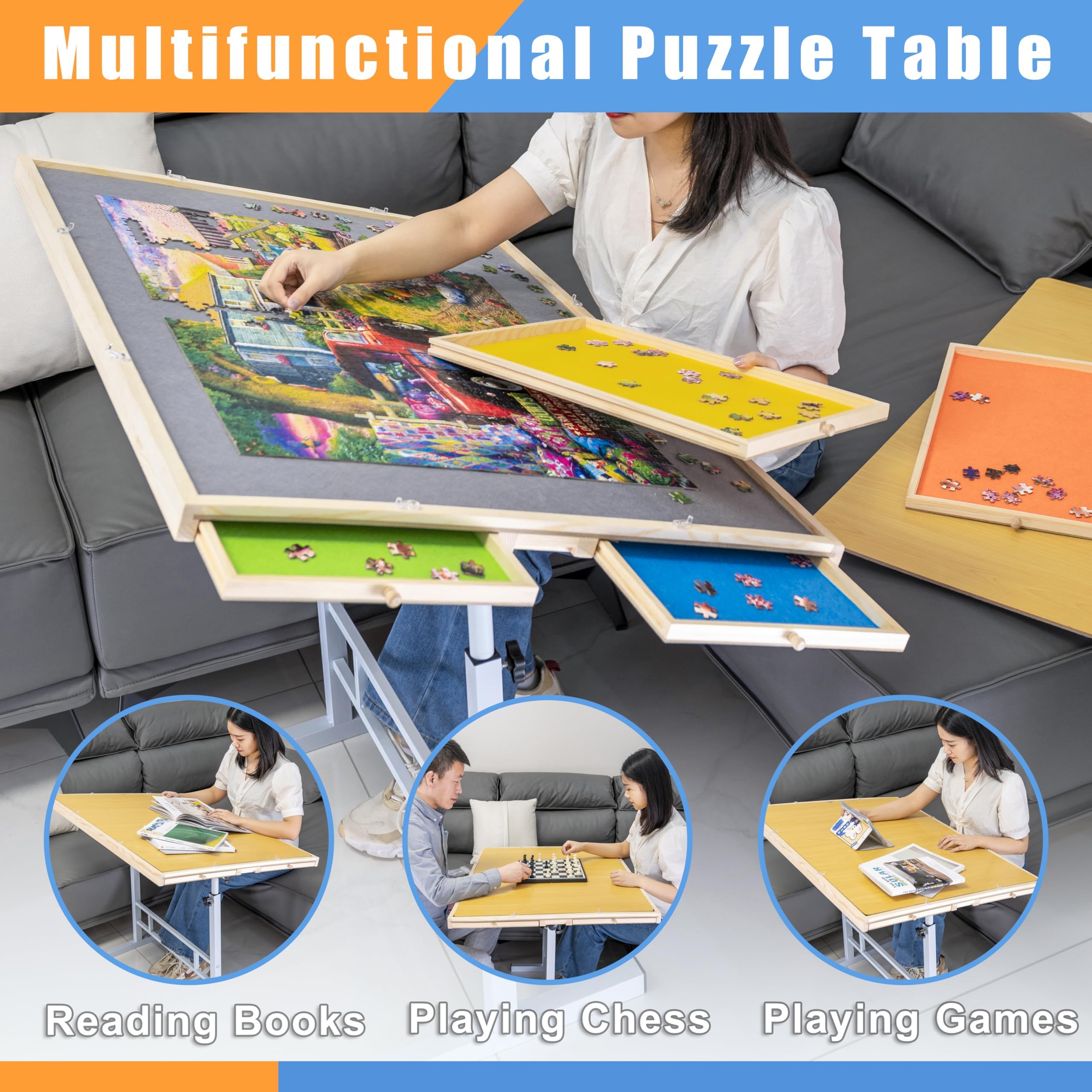 Fanwer Adjustable Puzzle Table with Drawers 1500 Piece, Angle & Height Adjustable Jigsaw Puzzle Table with Metal Legs | 35