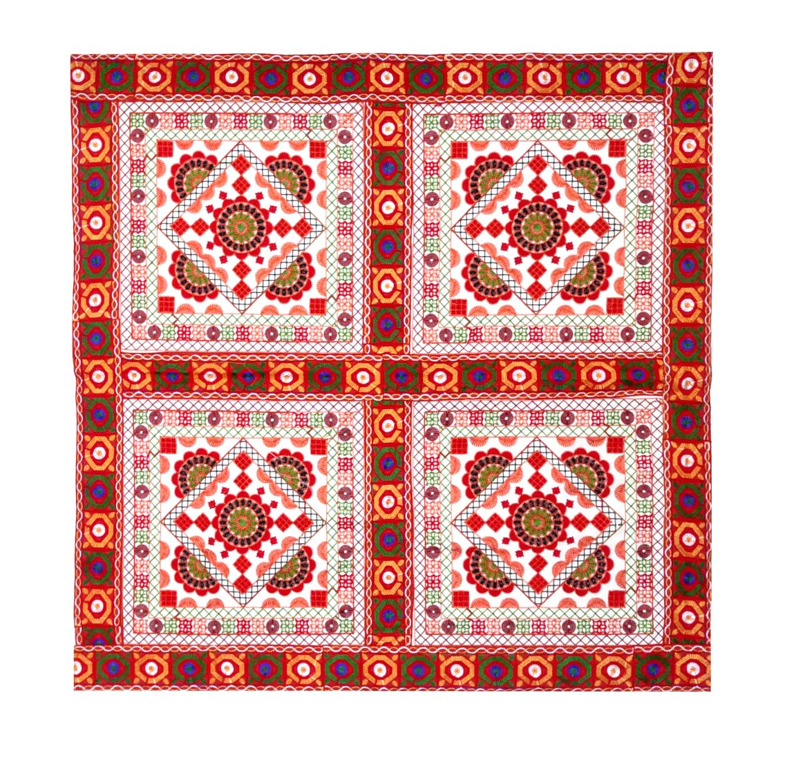 Purpledip Cotton Tapestry 'Colorful Riot': Vintage Embroidery Table Cover Or Wall Hanging (11364)