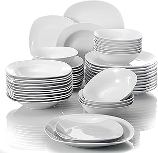 MALACASA, Serie Elisa, 48 TLG. Porzellan Tafelservice Kombiservice Geschirrset, 12 Dessertteller, 12 Suppenteller, 12 Flachteller und 12 MüsliSchäle für 12 Personen