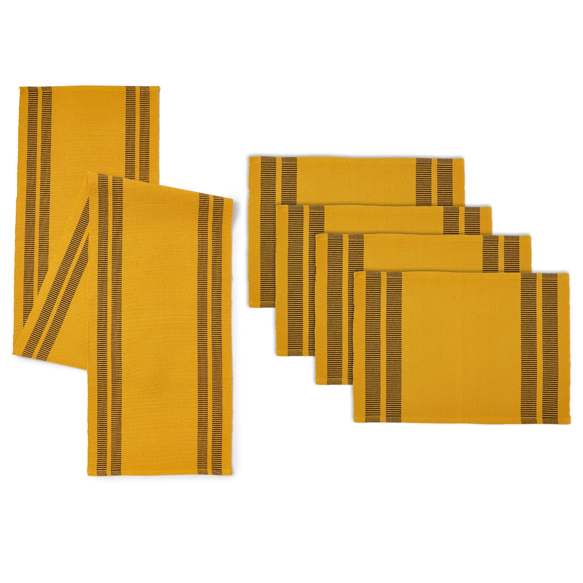 Encasa XO Table Runner and Placemats Set 4 | Fine Ribbed Cotton | Ladder Yellow | 1 Table Runner Size 32x137 cm & Each Table Mat Size 48x32 cm