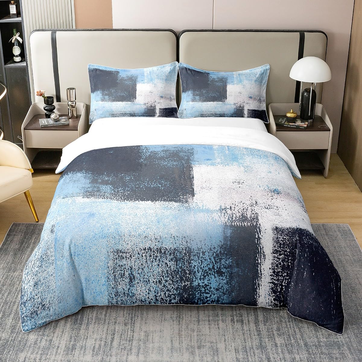 Homewish 100% Natural Blue Grunge Duvet Cover,Black Abstract Watercolor Gradient Bedding Set Double,Tie Dye Ombre Comforter Cover,Oil Painting Bed Sets with 2 Pillowcases Zipper&Ties