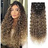 LONAI 4PC Clip in Hair Extensions, 100％ Pure Protein Silk Curly Hair Extension for Women, 26 Inch Long Soft Natural Hair Extensions-Dark Brown to Medium Brown Light Roots