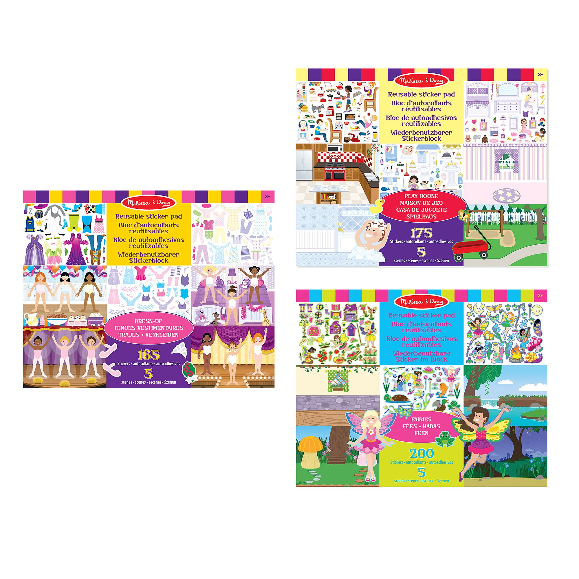 Melissa & Doug 3 Reusable Sticker Books - Dress-Up, Fairies and Play House | Reusable sticker books for toddlers | Arts and crafts for kids | Reusable Stickers | 3 years+ | Gift for Boy or Girl
